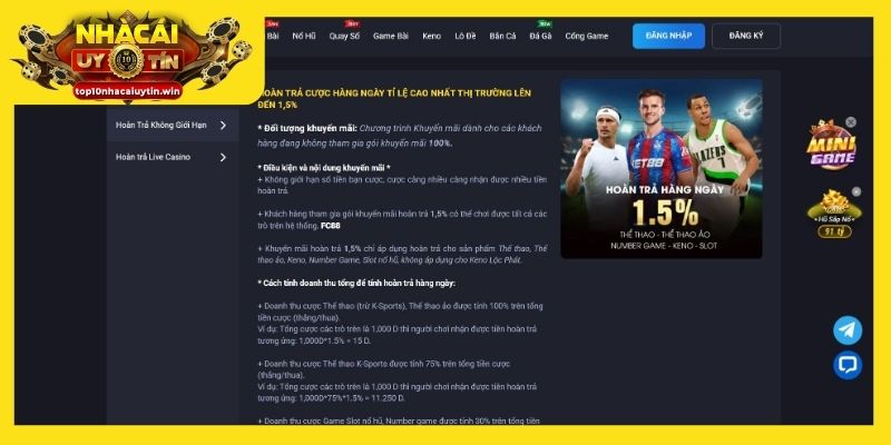 FC88 khuyến mãi hoàn trả lên đến 1.5% cho người chơi